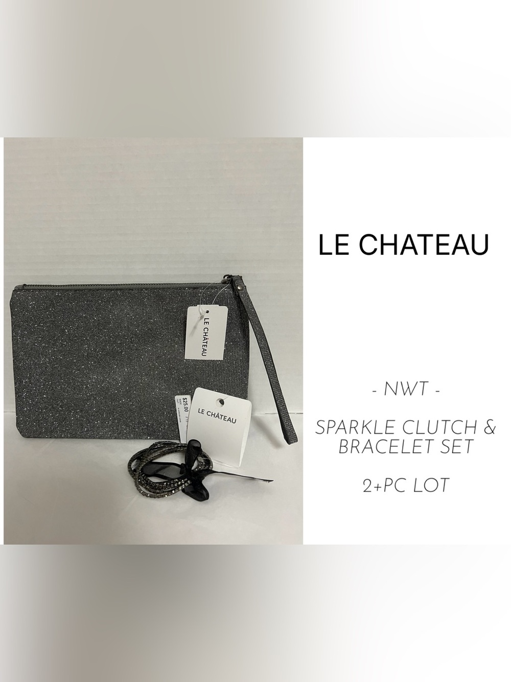 🆕LE CHATEAU - NWT - GREY SPARKLE CLUTCH AND BRACELET SET